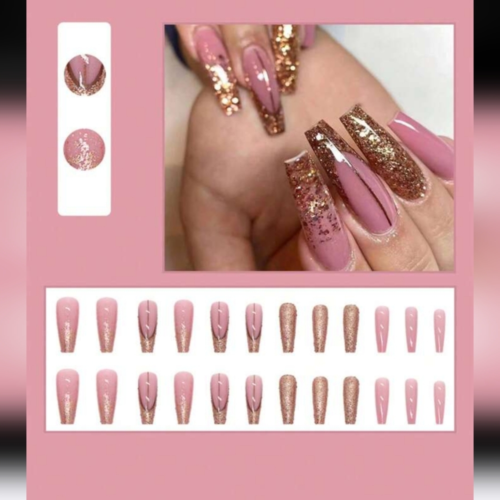 NWT Pink and Gold Glitter Coffin Press-On Nails Long Length